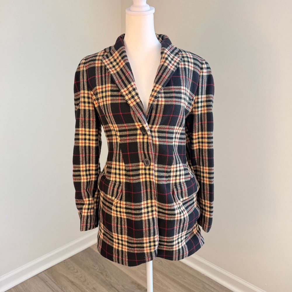 Jil Sander+ Plaid Wool Cashmere Blazer Women 38 IT Black Tan Red Italian Luxury - Picture 3 of 12